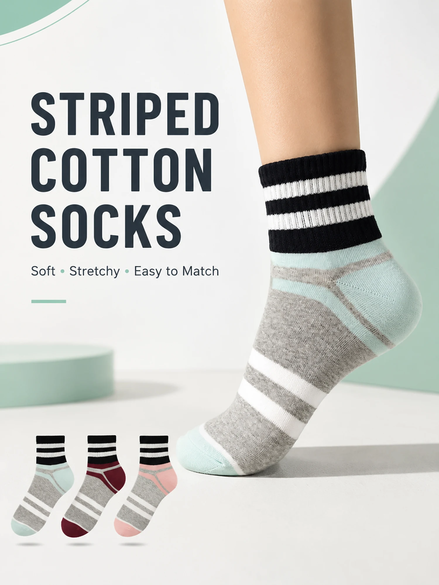 1/3pairs Women Striped Crew Socks Color Block Heel Cotton Breathable Ankle Casual Sport Elastic Non-slip Cute Mid Calf Socks
