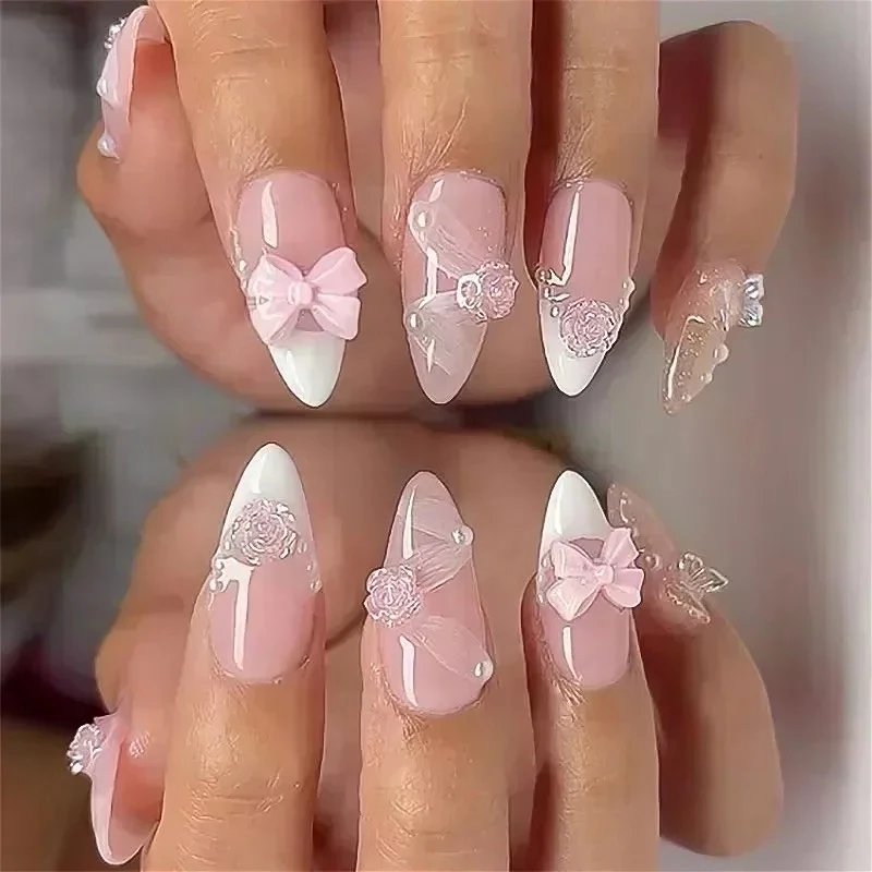 

Bow Tie Ribbon Pearl Butterfly Rose Camellia Bowknot Long Pointed Fake Nails Art Almond False Nails Rhinestones Press on Nails