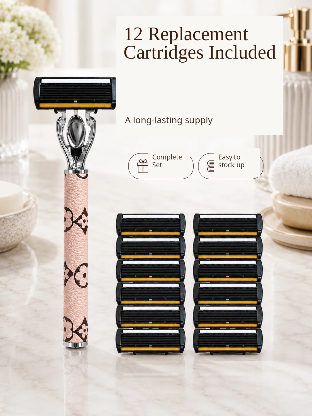 Pink Textured Handle Reusable Razor Shaving Set with Replaceable Cartridges 1 Razor 12 Cartridges Included Eco-Friendly Razor