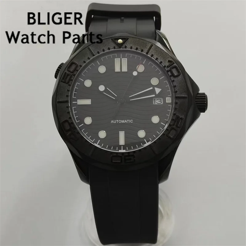 BLIGER 41mm Mechancial Men Watch Black Dial Luminous Sapphire Glass NH35A MIYOTA PT5000 Movement Rubber Strap Date Function