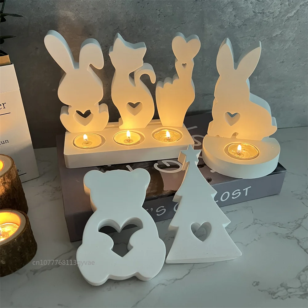 Christmas Tree Candle Holder Silicone Mold Ornaments Bear/rabbit/cat Candlestick Concrete Mould DIY Aromatherapy Gypsum Mould