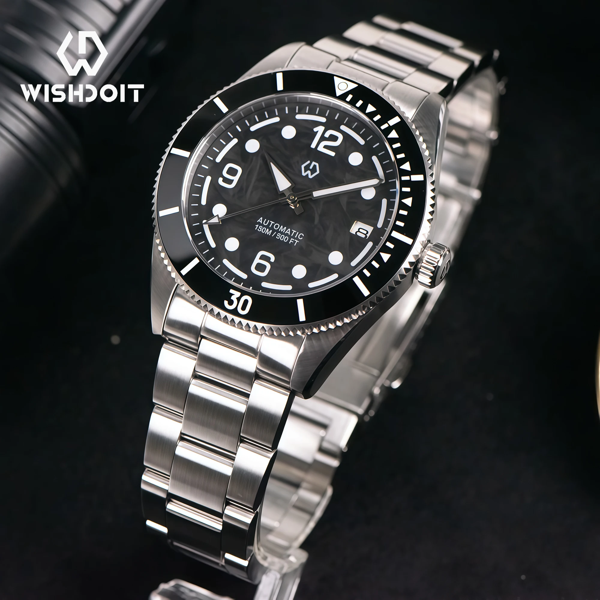 WISHDOIT جديد NH35 الحركة الميكانيكية ساعة رجالي ناجحة ألياف الكربون مضيئة الهاتفي 150 متر عمق مقاوم للماء ساعة الغوص