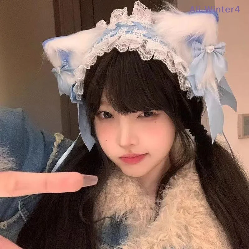 

【Winter4】3Pcs/Set Women Y2K Girl Handmade Bow Lace Hairband Cat Ear Hair Clip Kawaii Headband Lolita Cosplay Hair Accessories