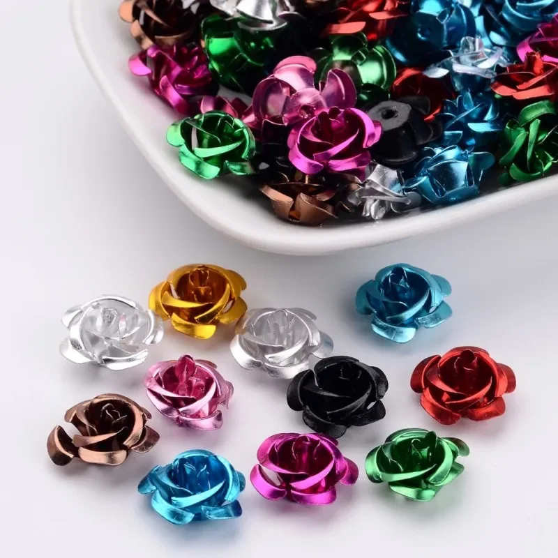 100 pc Aluminum Rose Flower Tiny Metal Beads Mixed Color 14x8~14mm Hole: 1mm