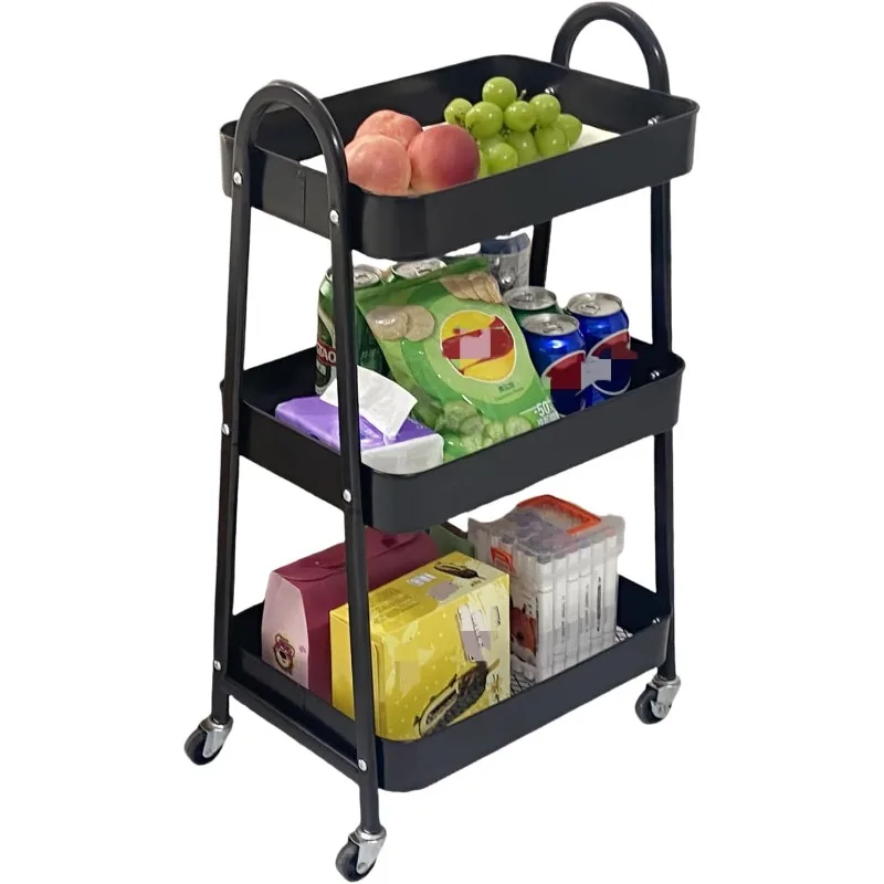 3 Tier Metal Rolling Cart with Wheels & 2 Hanging Cups, Sturdy Slide Out Utility Cart with Casters Mobile Shelving Storage.