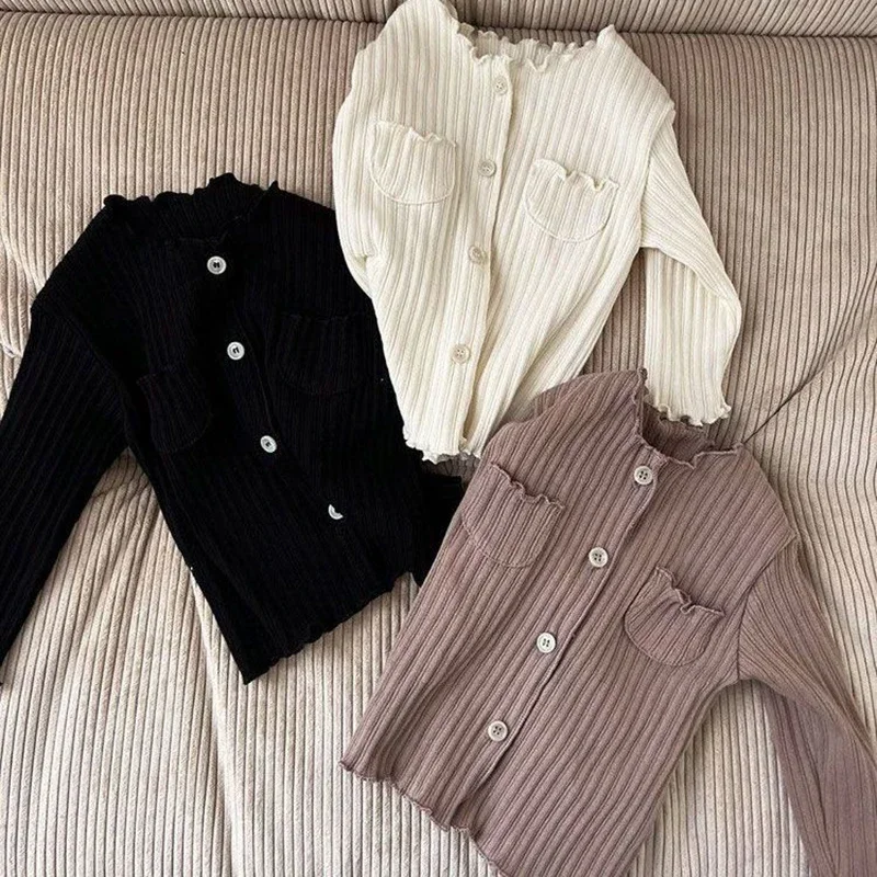 

Детские топы с оборками для девочек, черные, белые, хаки повседневные майки, Новое поступление 2024, хлопковые футболки для маленьких девочек, одежда на весну и осень