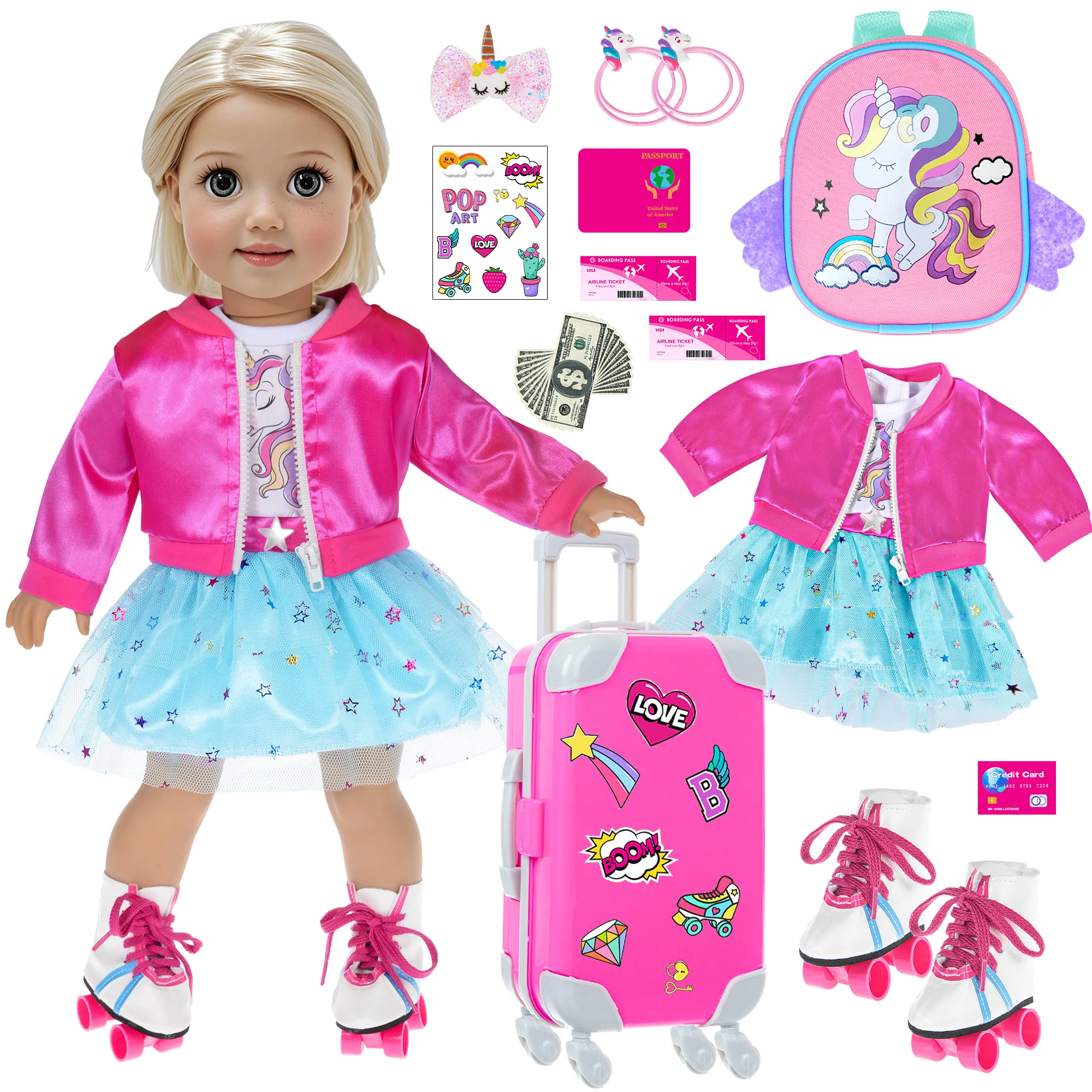 18 inch Doll Clothes and Doll Accessories Case Luggage Travel Play Set Include Jacket, Dress, Backbag, Shoes, Sticker (No Dol l)