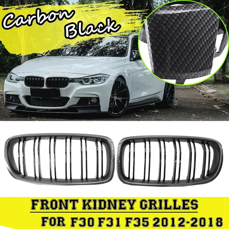 

Car Carbon Fiber&Gloss Black Double Slats Front Kidney Grille Grill For-BMW 3 Series F30 F31 F35 12-18