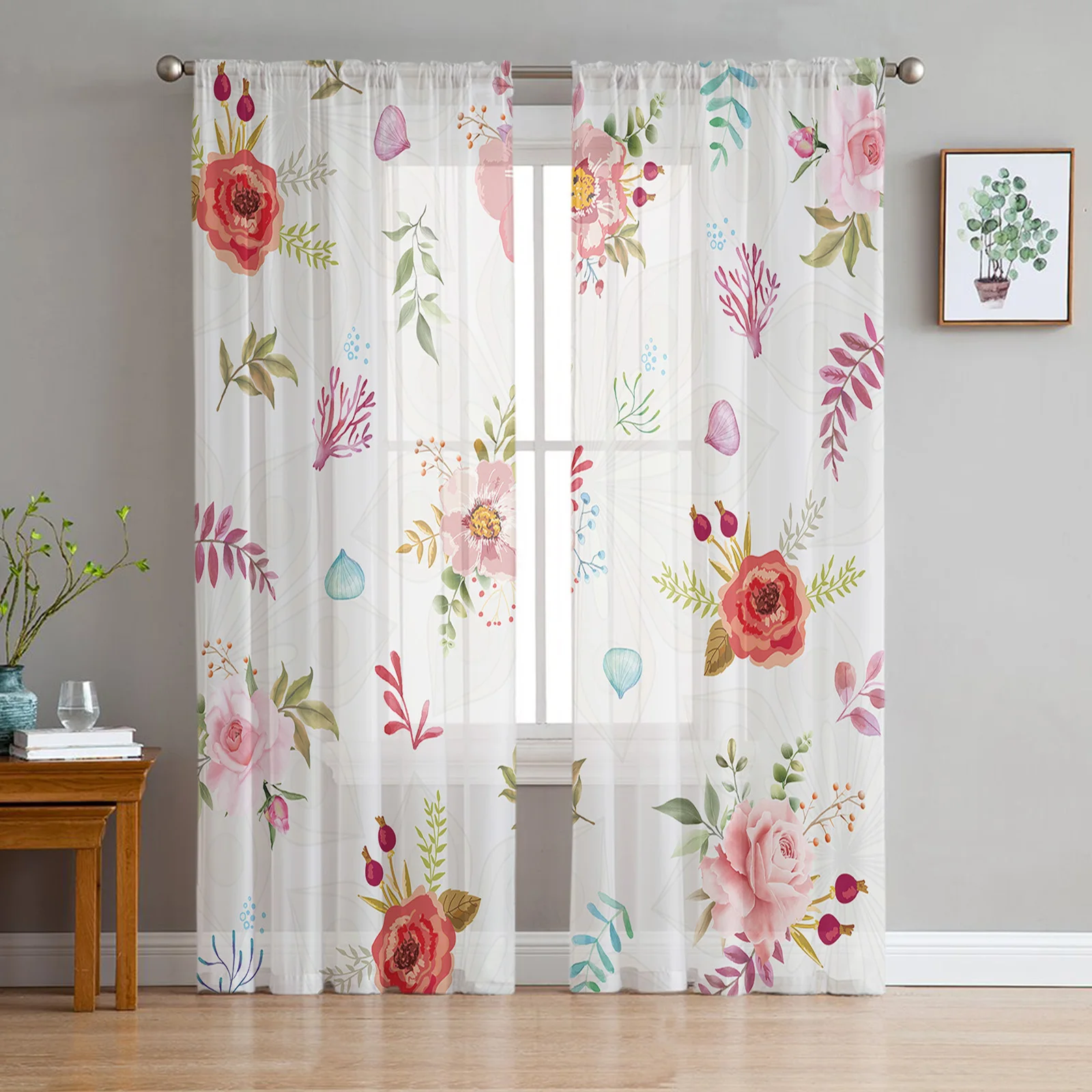 Flowers Foliage Sheer Curtains for Living Room Bedroom Kids Room Tulle Window Treatment Drapes