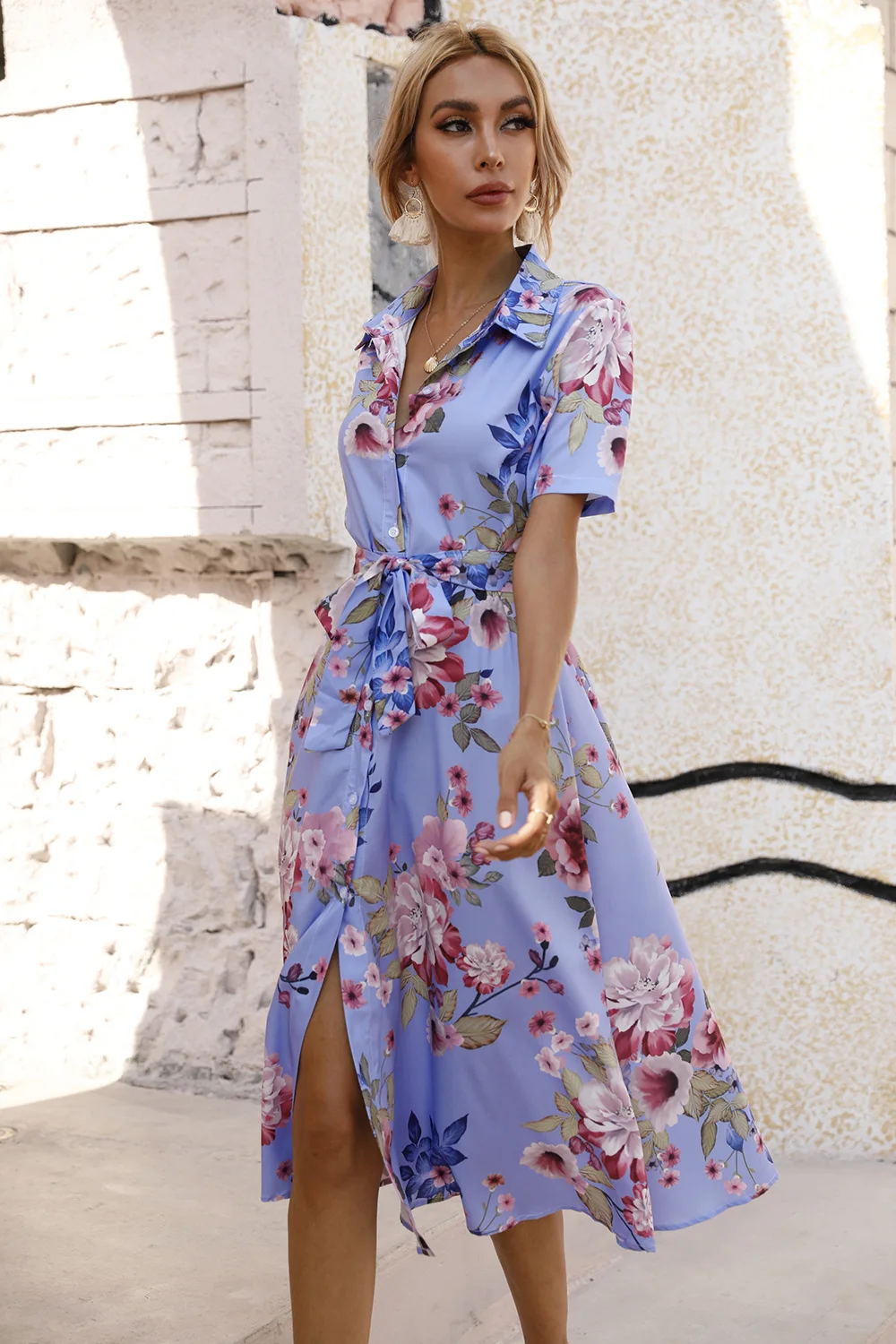 Fashion Floral Print Midi Dress Woman Spring Summer Loose Casual Short Sleeve Turn Down Collar Lace Up Dresses For Women 2023