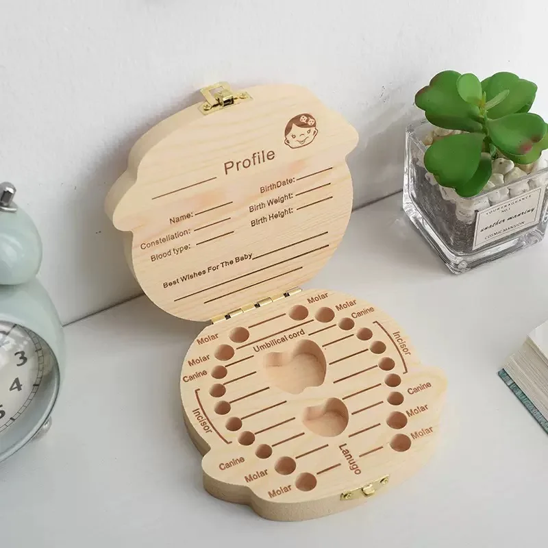 1pc Baby Tooth Box English Wooden Kids Milk Teeth Organizer Storage Boys Girls Fetal Teeth Baby Souvenirs Gifts Keepsakes