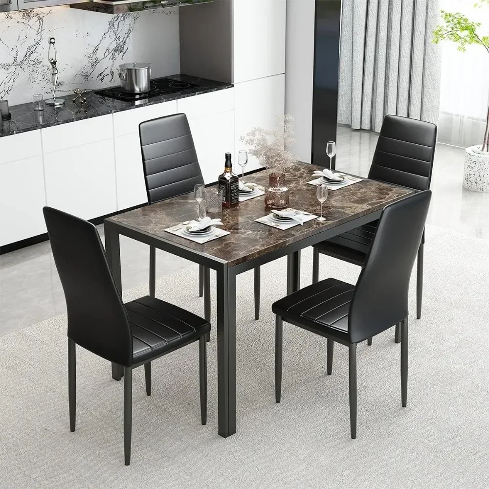 

Dining Table Set 5 Piece, Marble Top and High Chairs for Breakfast Nook Small Spaces(Brown), Modern Kitchen Table