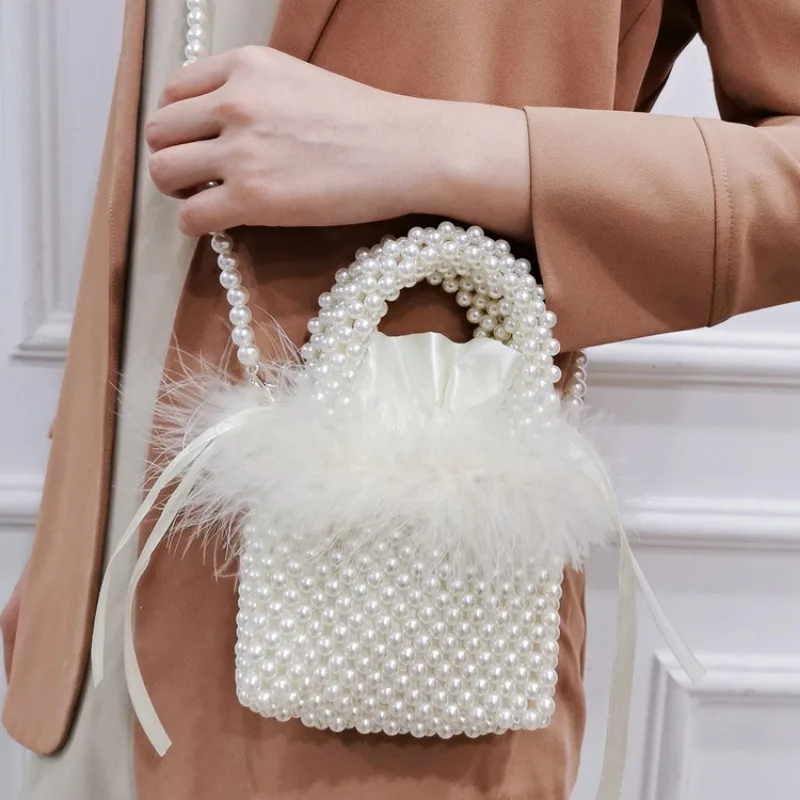 Customized Fashion Handmade Beaded Bags Pearl Imitation Small Square Acrylic Woven White Hair Handheld Crossbody Shoulder Bag