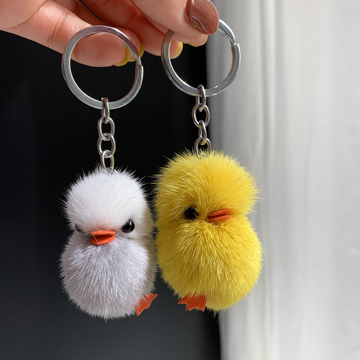 New Girls Fluffy Mink Fur Pompom Chick Key Chains Ball Cute Yellow Duck Keychain Women Bag Car Trinket Jewelry Party Gifts