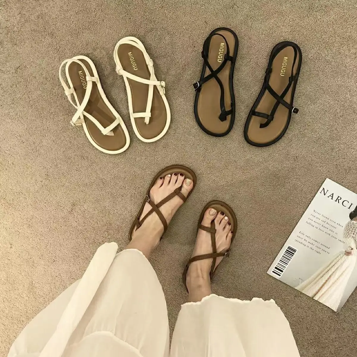 Ladies Shoes Flip-flops Open Toe Summer 2024 Footwear Beach Flat Rubber No Heel Sandals for Women Roman Style Original on Offer