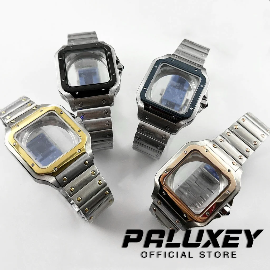 38mm 스퀘어 시계 케이스 38mm NH35 4R35 케이스 세트 NH35 NH36 4R36 무브먼트 용 316L 스틸 시계 수리 산토스 수정 부품