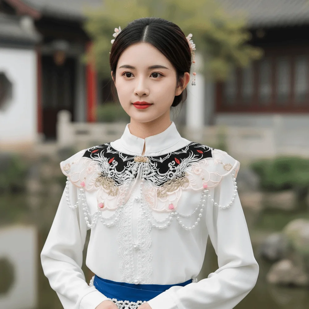 

Китайский стиль Ханьфу: юбка-«лошадиная морда» с жемчужным цветочным узором, воротник «Юньцзянь», вышитая шаль с кисточками и облачным узором на плечах