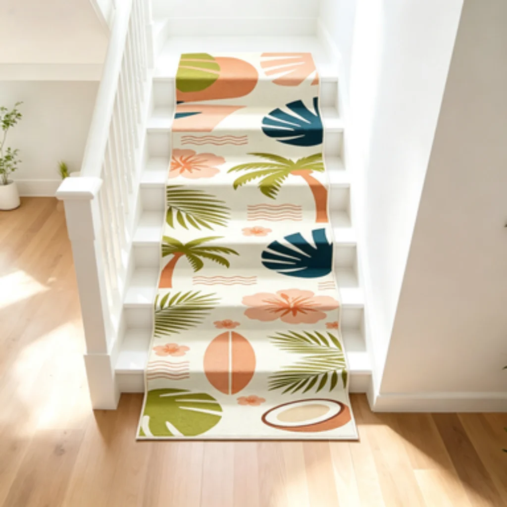 Tropical Palm Turtle Fruit Self-Adhesive Stair Mat, Soft Healing Simple Long Tread Pad, Soundproof Non-Slip Step Protector.