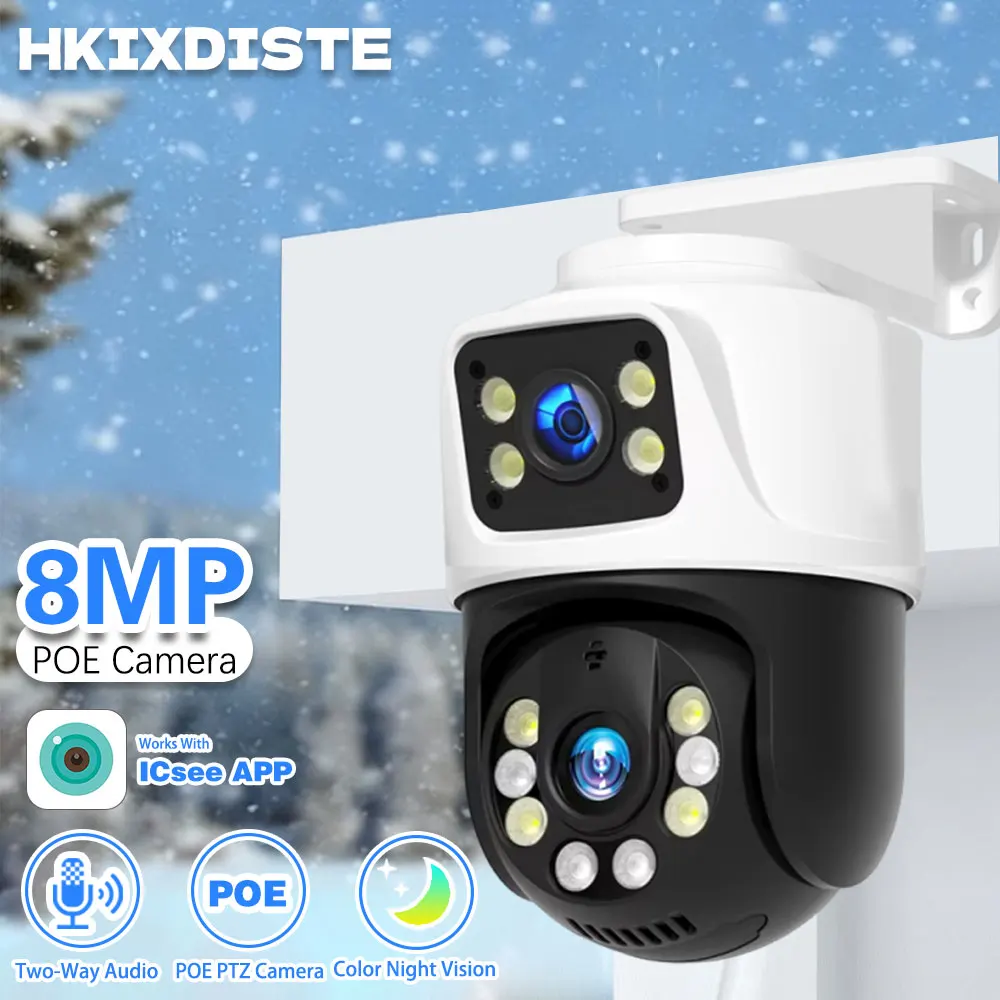 4K 8MP ICSee Xmeye عدسة مزدوجة POE PTZ IP كاميرا اتجاهين الصوت اللون للرؤية الليلية أمن الوطن فيديو CCTV كاميرا مراقبة