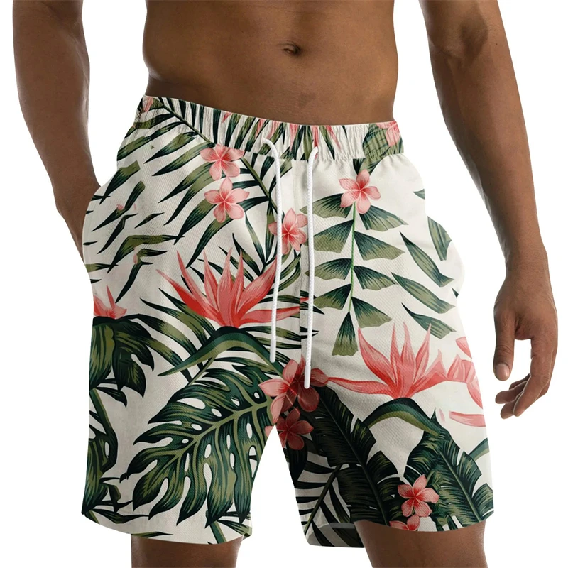 

Coconut Leaves Men's Flowers Beach Briefs Summer Big Size Swimwear Men Board Shorts Casual Hawaiian 3D Holiday Trunks Stripe