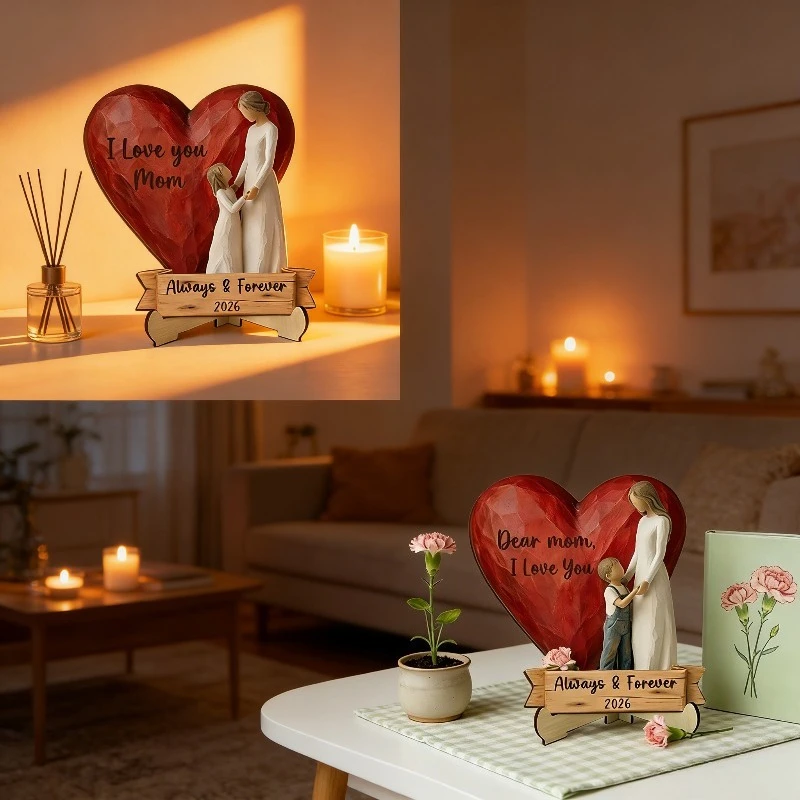 

Mothers Day Wooden Heart Moon Hug Figurine, Engraved Sentimental Tabletop Decor, Mom Gift Home Ornament、Event & Party