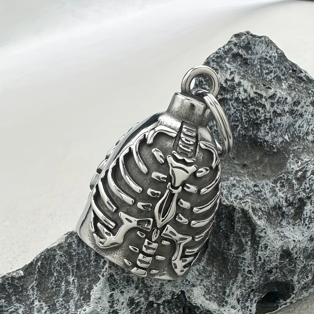Motorcycle Evil Spirit Bell Pendant Necklace Skeleton Rib Design Retro Distressed 316L Stainless Steel Riding Talisman Jewelry