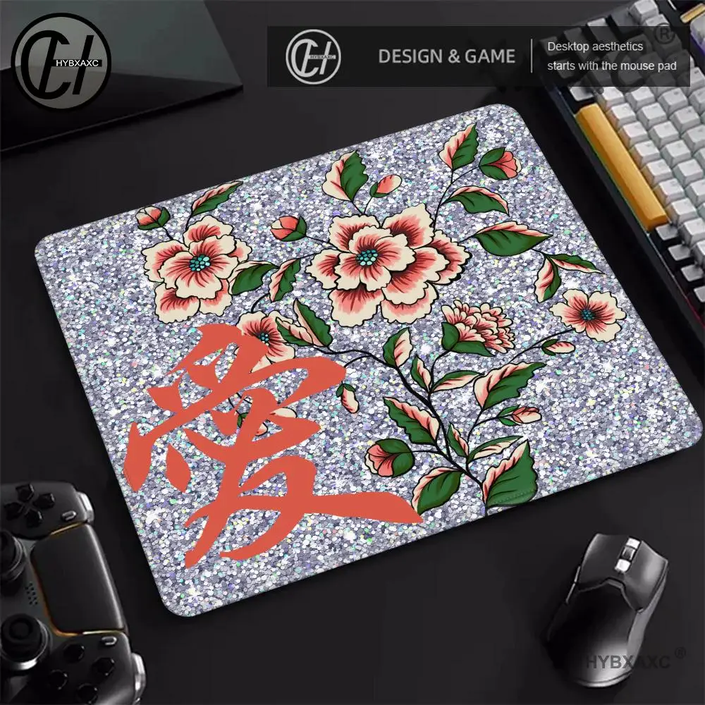 Glitter Silver Background Peony Chinese Love Character Small Mouse Pad Non-slip Rubber Desk Mat For Gaming Office Laptop Decor