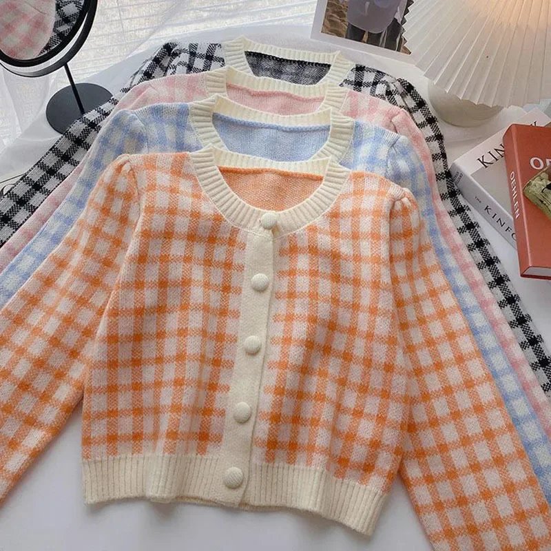 Smvp 2024 AutumnWinter New Korean Sweet Plaid Long-sleeved Knit Outerwear Woman Lady's Sweater Cardigans O-neck Cropped Knitwear