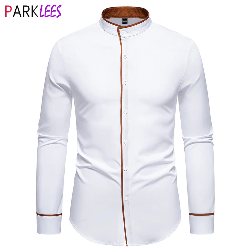 Camisa masculina de manga comprida com retalhos, camisa social masculina, camisa casual, gola em banda, slim fit, nova, outono, 2022