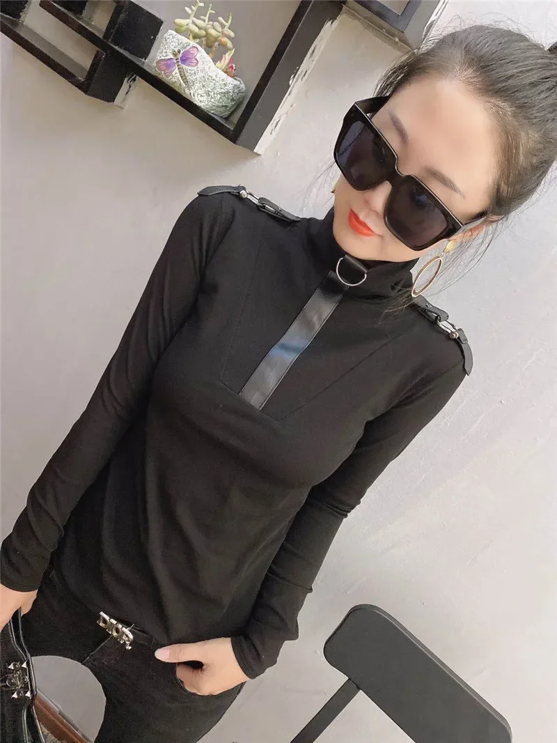 Winter Long Sleeve Turtleneck PU Leather Patchwork Cotton T-shirts Women European Chain Cotton Pullovers Chain Cotton Tops