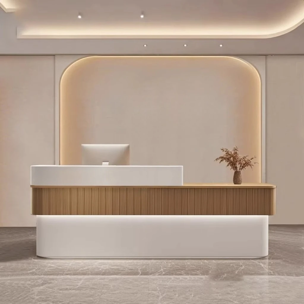 

&c Luxury Design Beauty Hair Salon Small Pink Front Table Gold Stainless Steel Cashier Desk Wooden Reception Counter