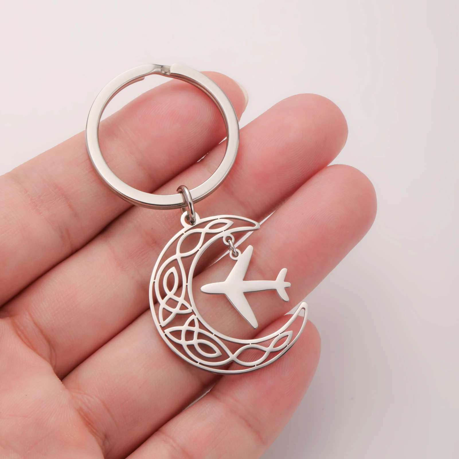 Fishhook Mond Flugzeug Schlüssel bund übernat ürlich sicher Amulett keltischen Knoten Geschenk für Frau Männer Schlüssel anhänger Ring Edelstahl Schmuck