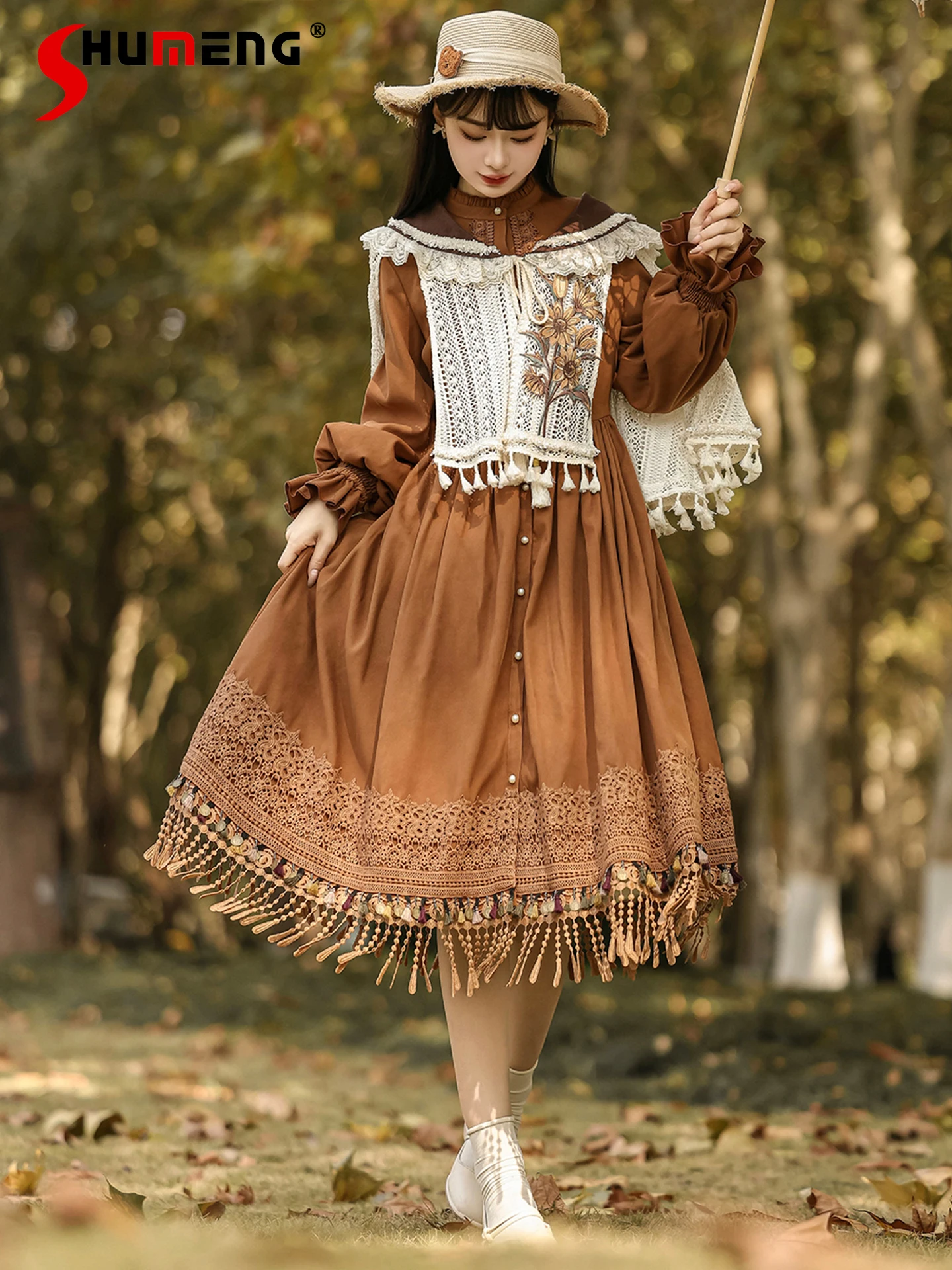 

Original Elegant Mori Girl Preppy Style Dress Cape Set Retro Single-Breasted Long Sleeve Elegant Brown Dress Women Autumn Women