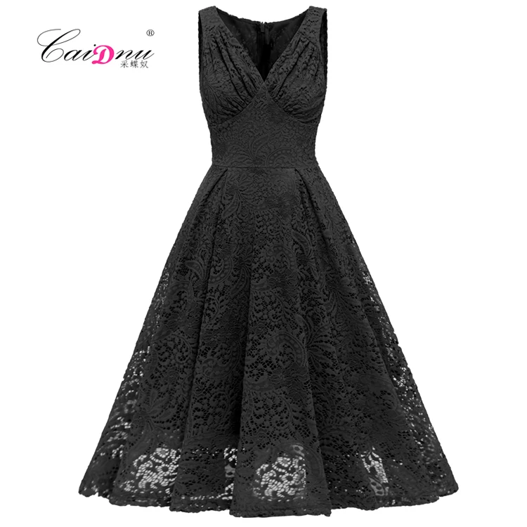 HotSweet ガールセクシーな夏のレースのドレス中空アウトノースリーブ V ネックミッドカーフフェスティバルドレスエレガントなイブニングパーティードレス XK013