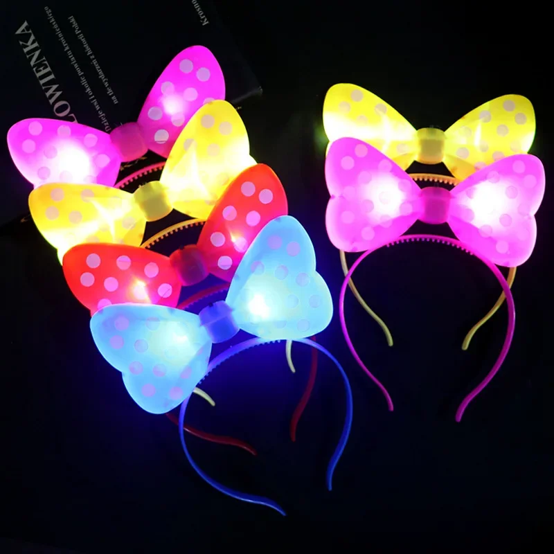 1-10pcs LED Light-up Bow Headband Multicolor Luminous Mouse Bow-knot Princess Crown Headdress Hair Hoop Band Wedding Party Decor