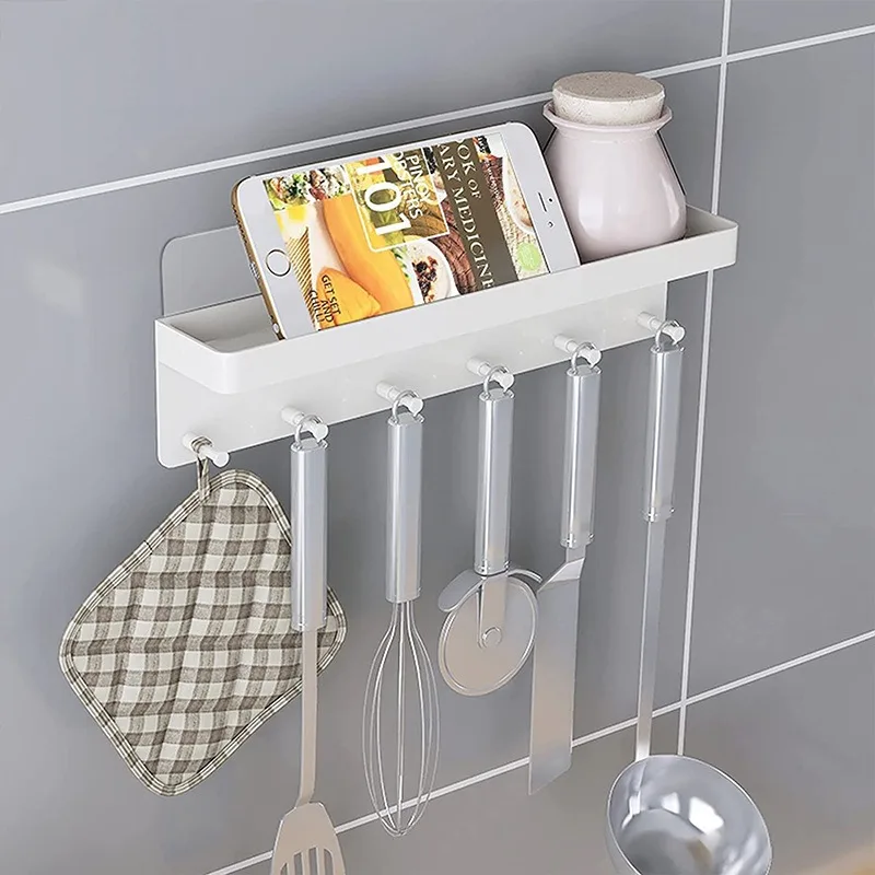 6 Hooks Wall Rack Shelf Modern Clothes Storage Rack Hook Towel Coat Hanger Key Chain Shelf Glove Storage Box Carbon Steel Black