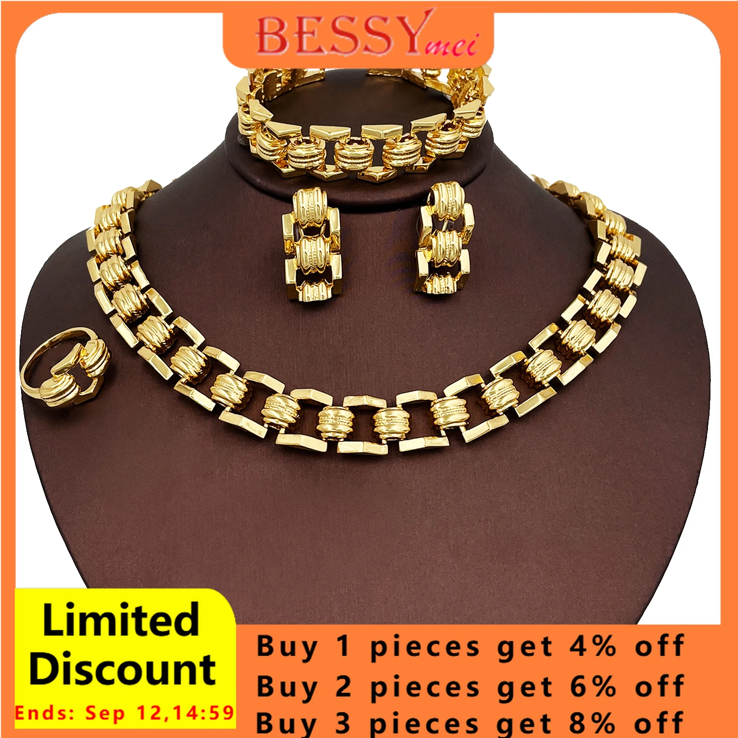 

Fashion Africal Gold Color Jewelry Set Design Geometry Necklace Bracelet Chic Stud Earring Ring Set For Women Wedding Gift 2025
