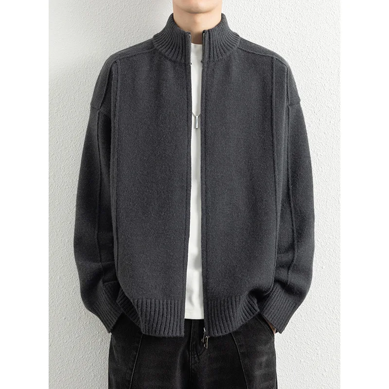 Cardigan jacket knitted sweater men's line texture solid color lazy loose
