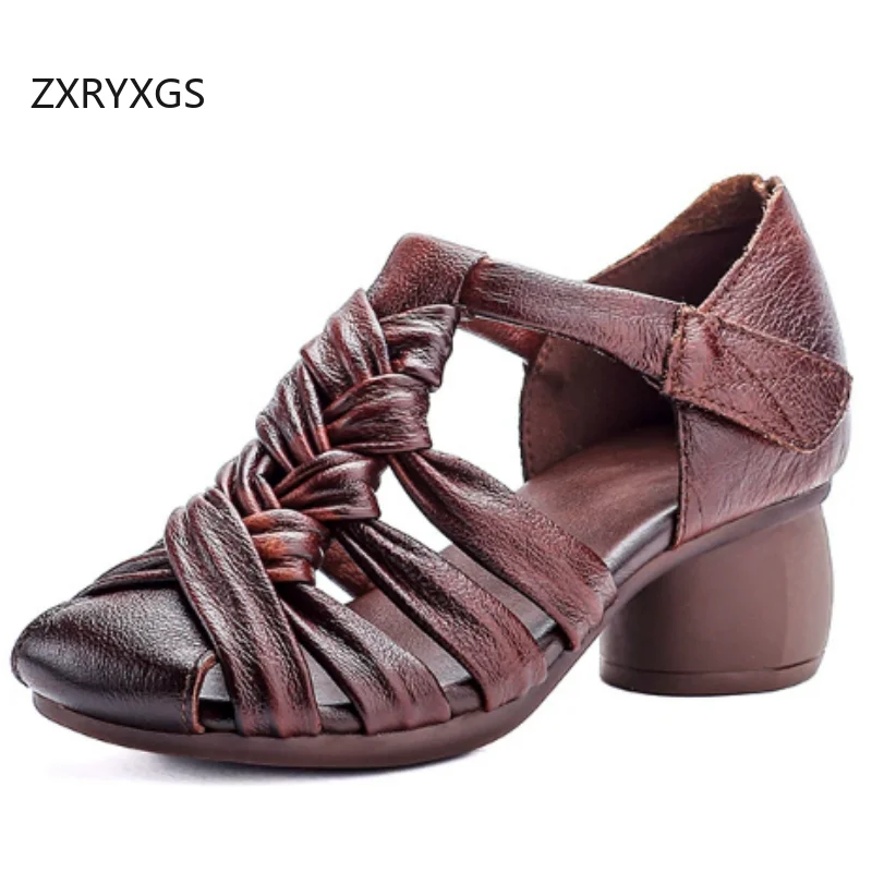 ZXRYXGS Top Cowhide Woven Hollow Breathable Women Genuine Leather Sandals 2026 Summer Round Toe Elegant Modem Sandals High Heels view 2