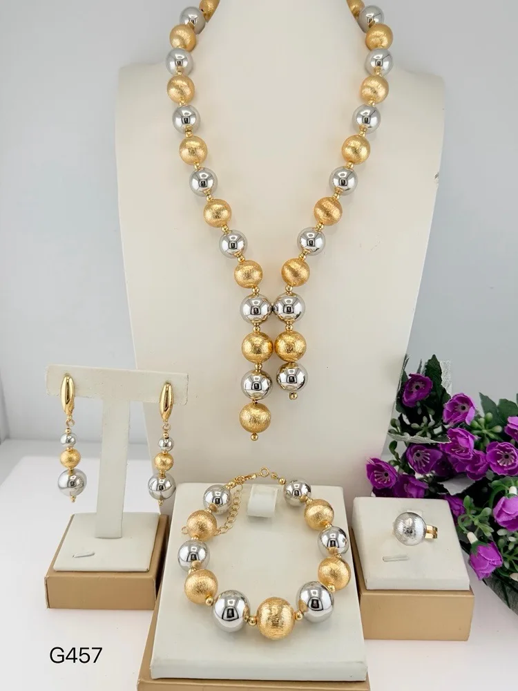 Simple Elegant Three Tone Beads Shape Jewelry Set Textured Fine Necklace Bracelet Earrings Ring 4PC Jewellery for Wedding Party