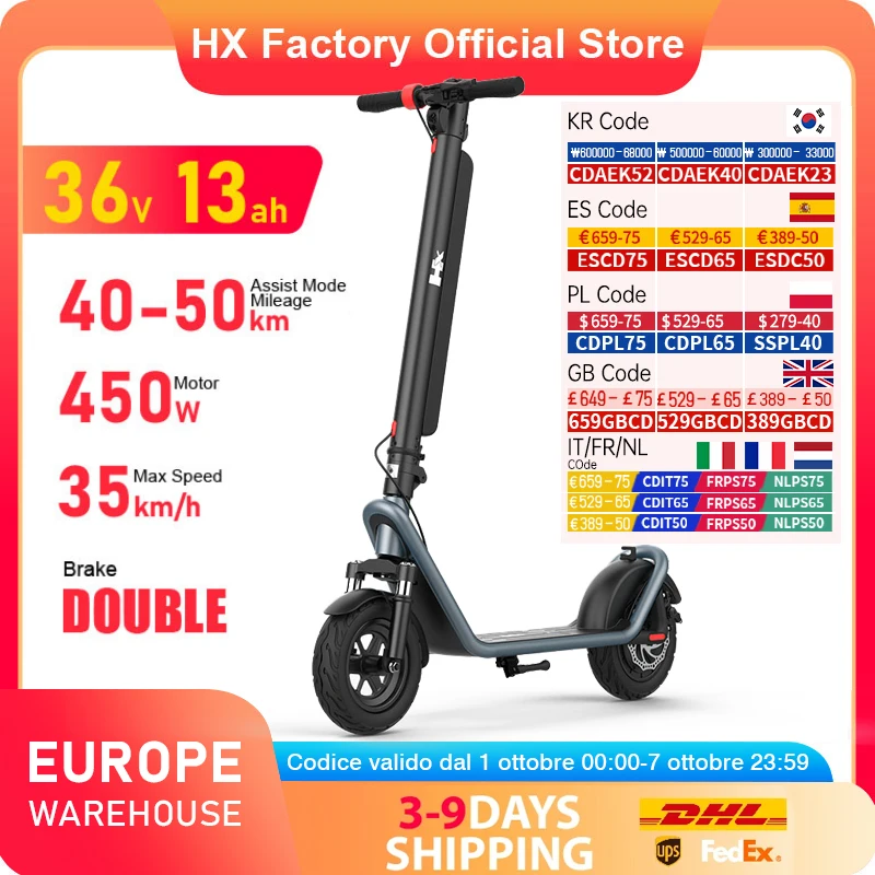 

HX 13AH Electric Scooter Powerful 450W 35KM/H Foldable Electric Kick Scooter 10 Inch Smart Escooter For Adults