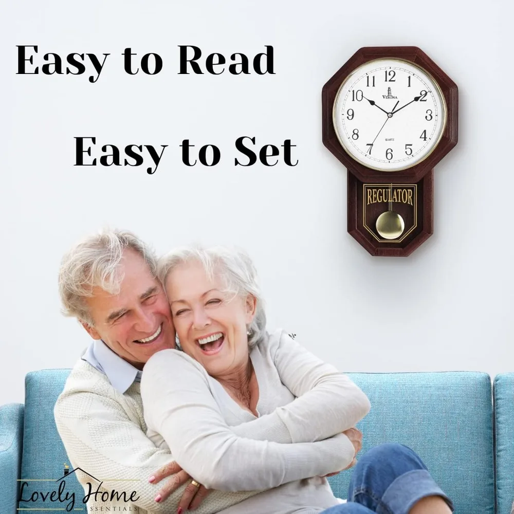 ساعة حائط البندول الخشبية - ساعة صامتة على طراز المدرسة تعمل بالبطارية - ديكور وغير مدخن