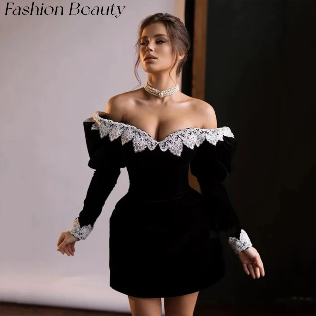 Fashion Beauty Black Velvet Evening Dresses Long Sleeves Lace Short Mini Cocktail Party Dress For Women 2024 فساتين السهرة