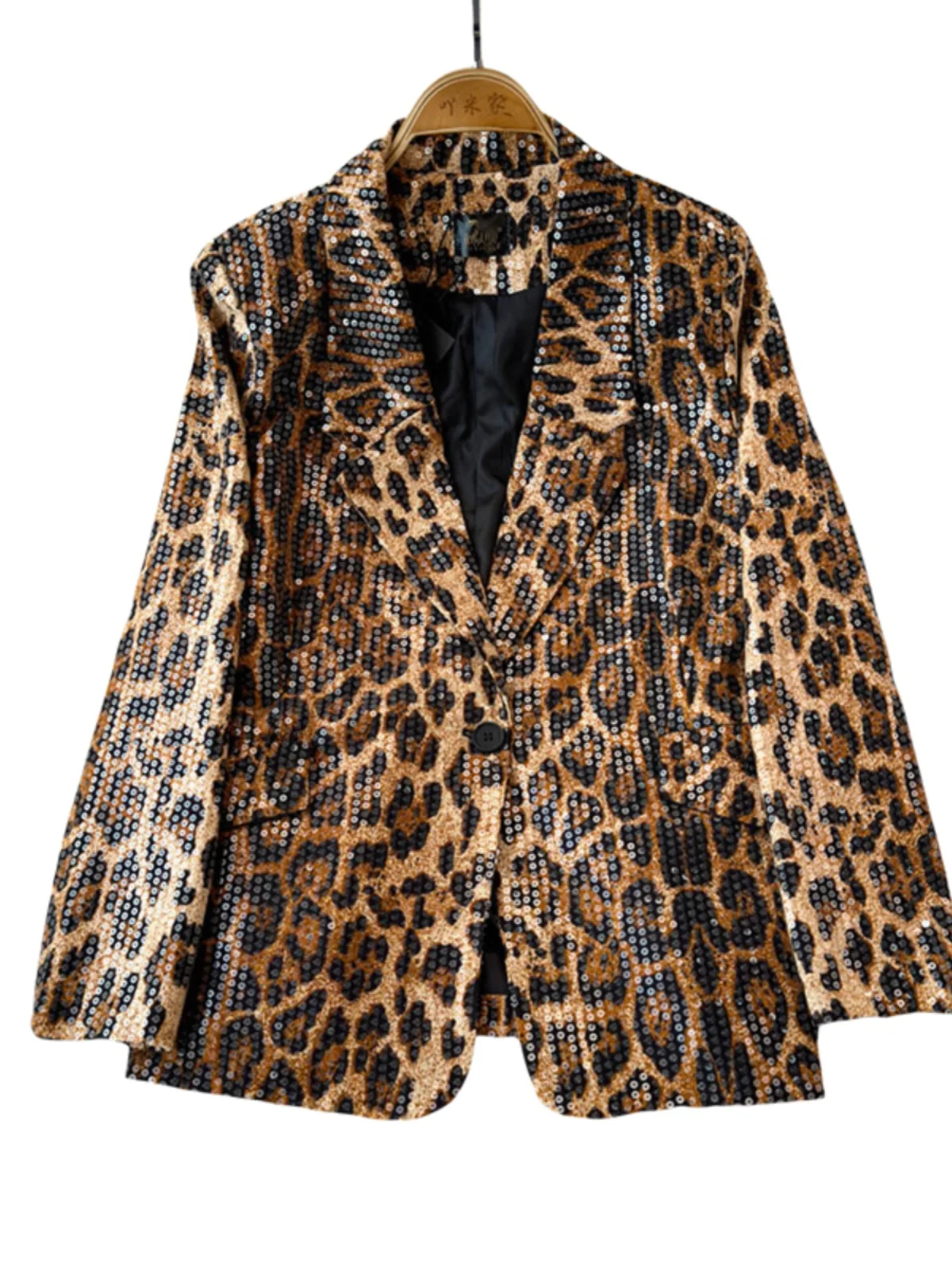 Street Style Leopard Print Suit Blazer Female 2024 Autumn New Fashion Sequined Temperament Suit Collar Loose Coat Jacket Women