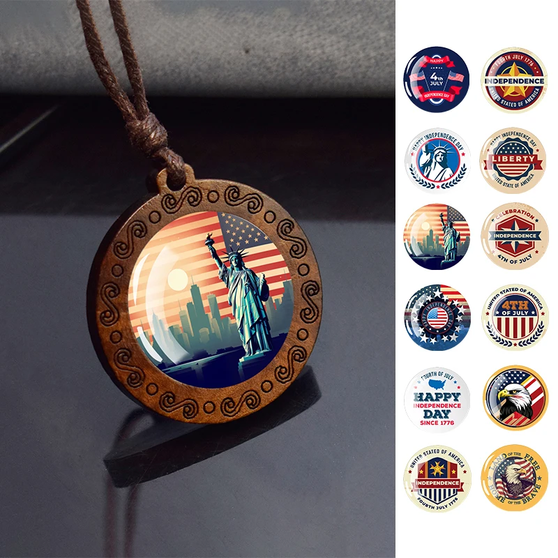 4th of July Independence Day Glass Wood Pendant Necklace USA Flag Necklace Patriot Gift