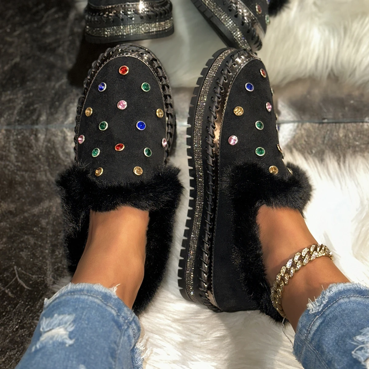 Aphixta Real Mink Fur Shoes Women Flats Luxury Rivets Hand Stitching Winter Shoes Woman Crystals Slip-on Platform Footwear