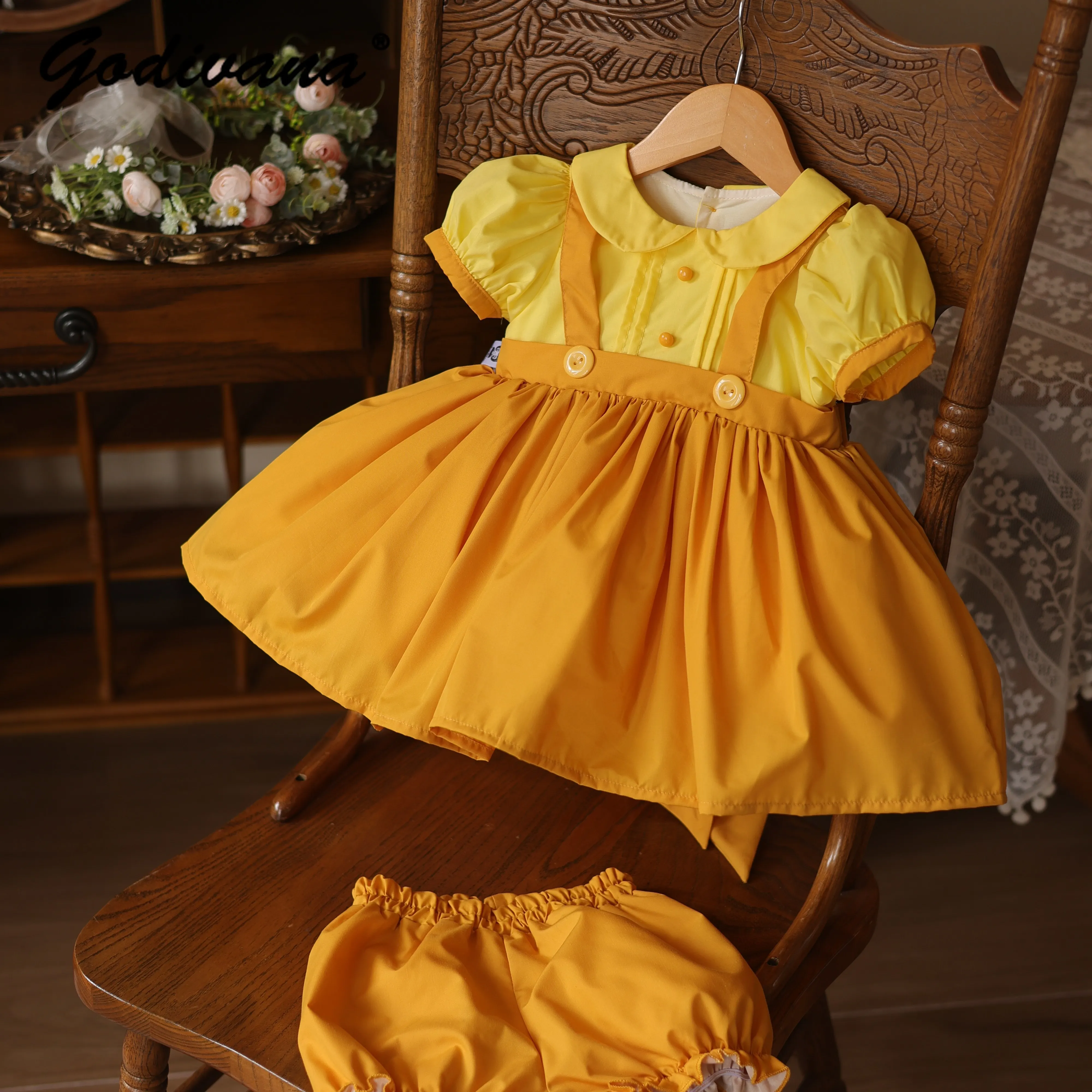 Original Baby Girls Cute Cartoon Cosplay Dress Kids Spring New Yellow Doll Collar Puff Sleeve High Waist Daily Princess Dress