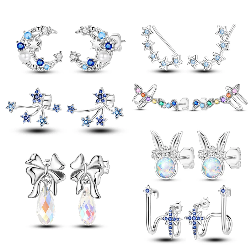 

Real 925 Sterling Silver Blue Star Stud Earrings Special-shaped Opal Crystal Earrings For Women Wedding Engagement Birthday Gift