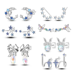 Real 925 Sterling Silver Blue Star Stud Earrings Special-shaped Opal Crystal Earrings For Women Wedding Engagement Birthday Gift