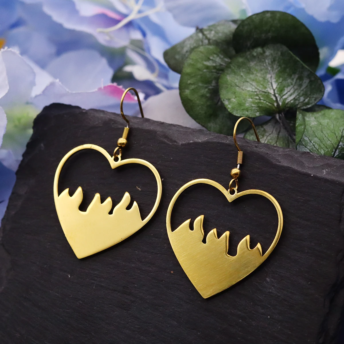 QIAMNI Love Heart Fire Flame Charms Dangle Earrings for Women Hip Hop Stainless Steel Piercing Drop Jewelry Valentine's Day Gift
